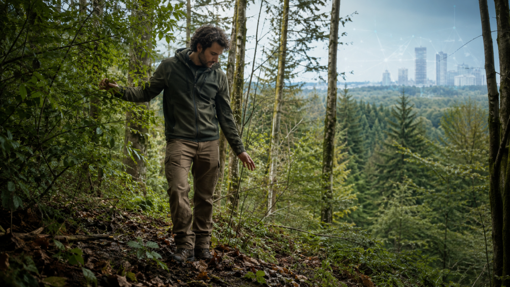 Moritz Waldner im Wald als Symbol für die Verbindung von Mensch, Natur und moderner Technologie.