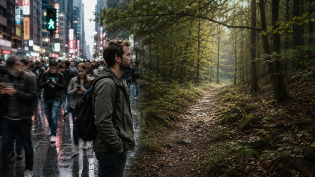 Moritz Waldner zwischen digitaler Dauerbeschallung und Natur als Symbol für den verlorenen und wiedergefundenen Kontakt zu sich selbst.