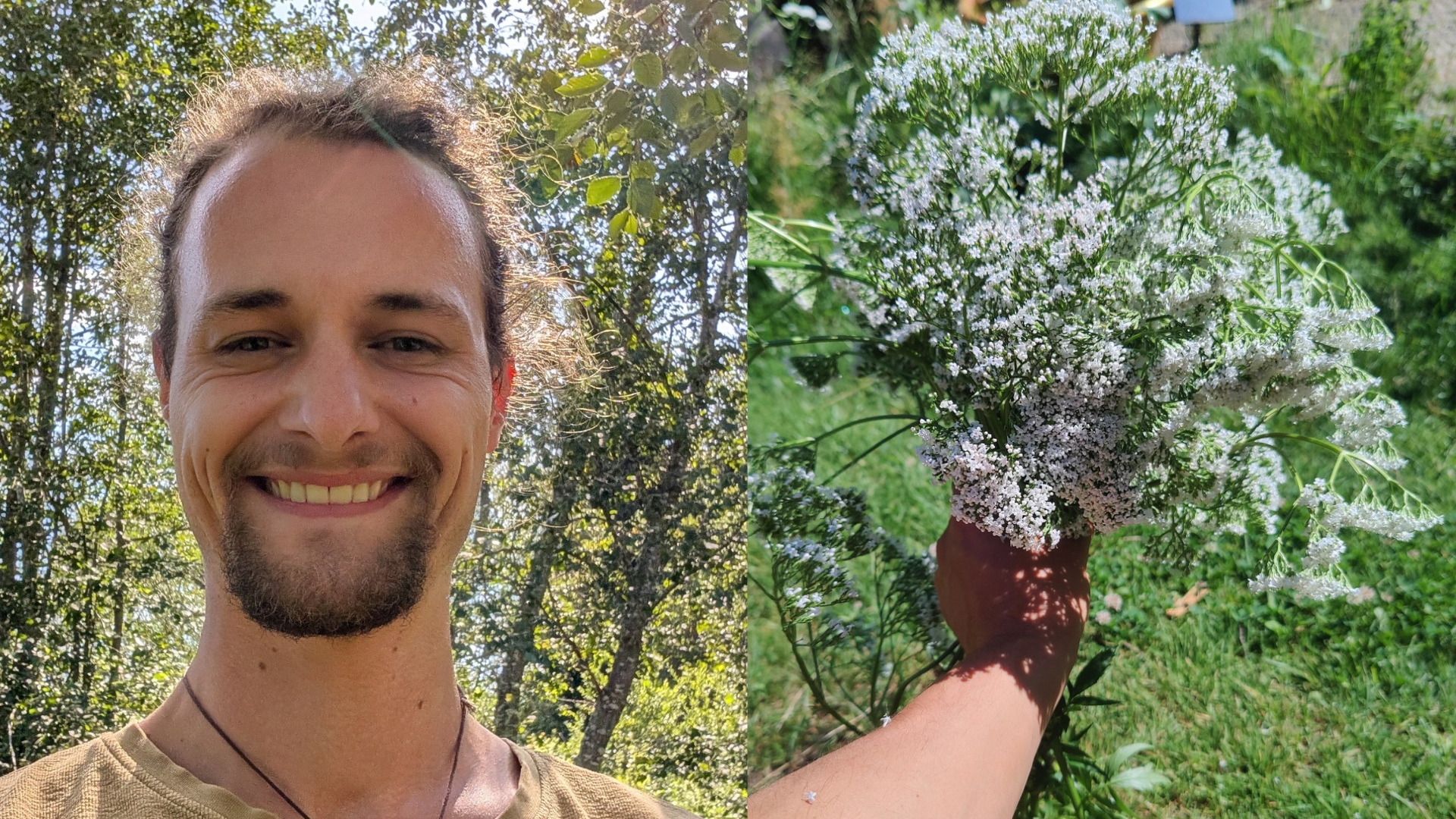 Moritz Waldner betrachtet eine Pflanze in seiner Hand als Symbol für Körperwahrnehmung und das Spüren eigener Bedürfnisse.